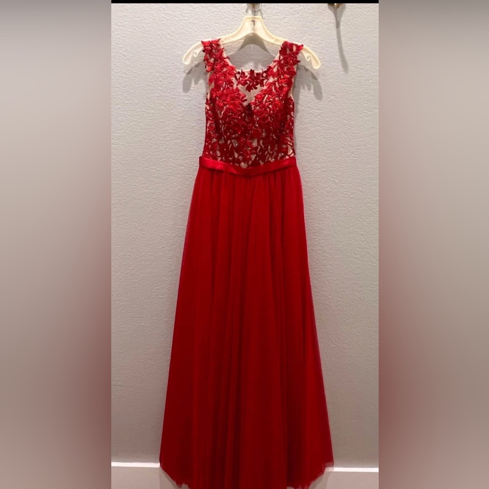 SHERRI HILL LACE APPLIQUÉ FORMAL DRESS
